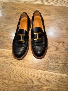 Black Leather Chloe Loafers with Gold Accent